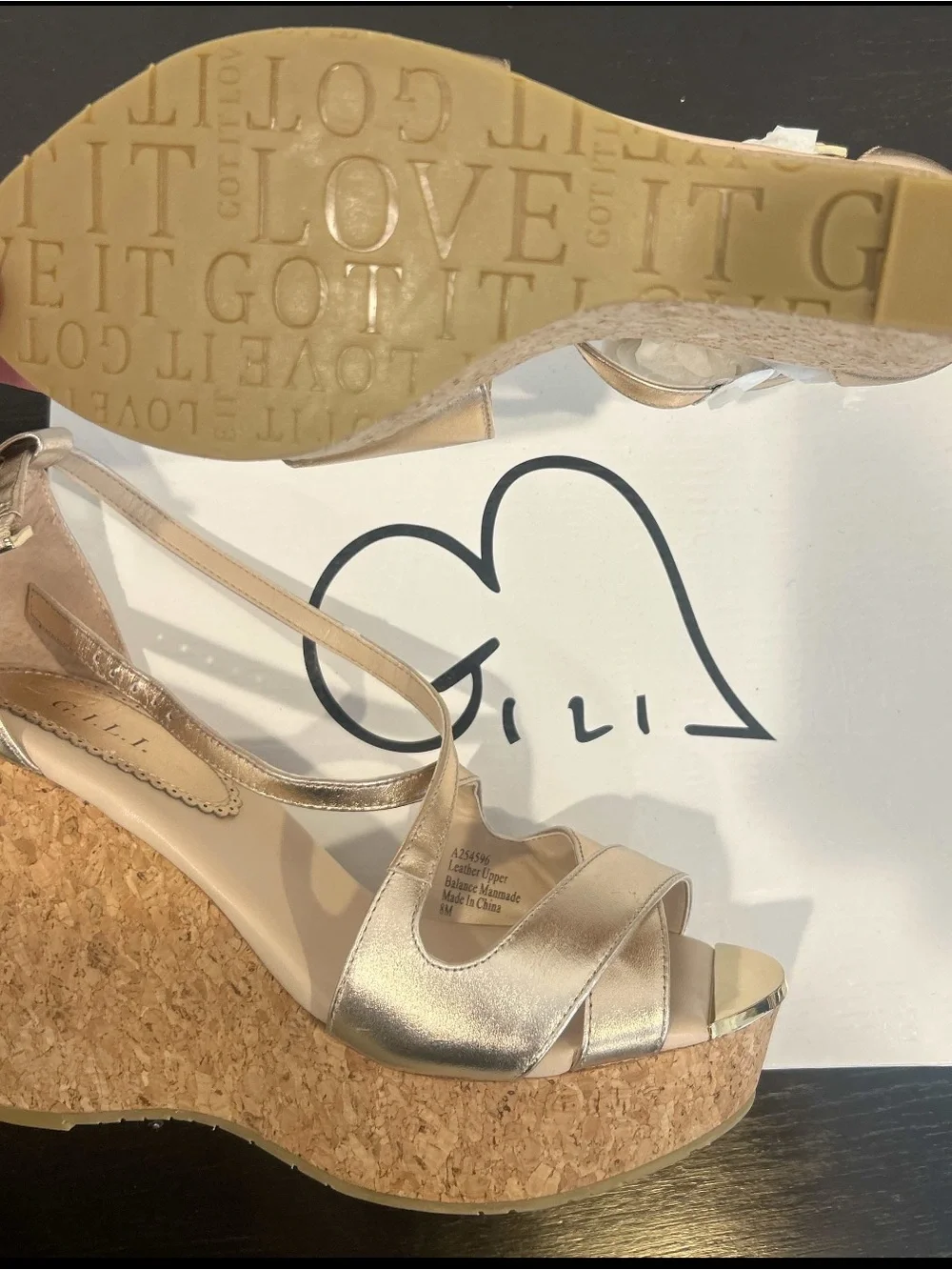 G.I.L.I. Ferrara Patent Leather Rose Gold Criss Cross Cork Wedge Sandals Sz 8